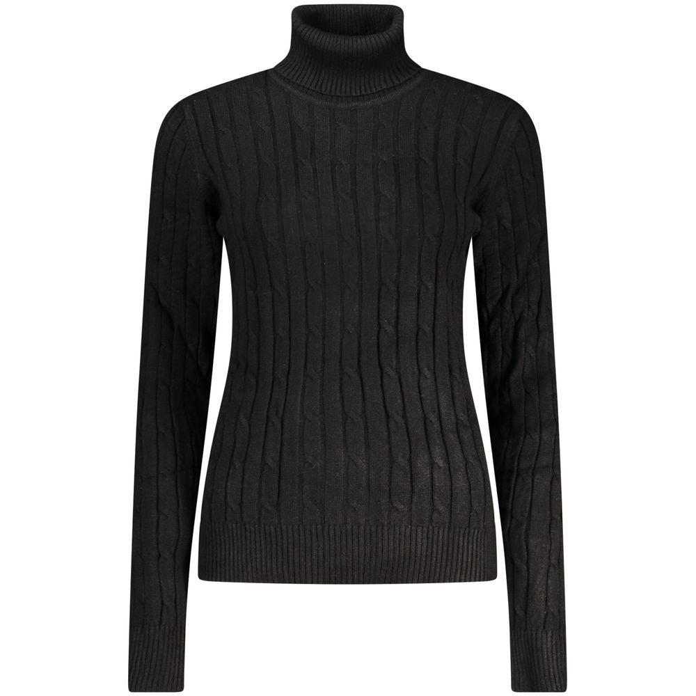 Norway 1963 black viscose women's turtleneck sweater displayed on a hanger, showcasing its sleek design and fitted style.
