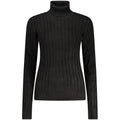 Norway 1963 black viscose women's turtleneck sweater displayed on a hanger, showcasing its sleek design and fitted style.