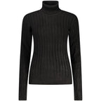 Norway 1963 black viscose women's turtleneck sweater displayed on a hanger, showcasing its sleek design and fitted style.