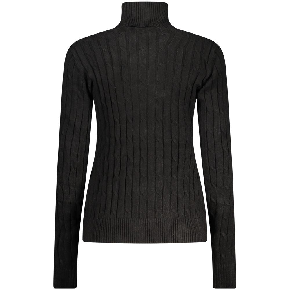 Norway 1963 black viscose women's turtleneck sweater, close-up showing fitted style and smooth fabric texture.