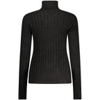 Norway 1963 black viscose women's turtleneck sweater, close-up showing fitted style and smooth fabric texture.