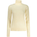 Norway 1963 white viscose women's turtleneck sweater displayed on a model, showcasing the classic fit and soft fabric.