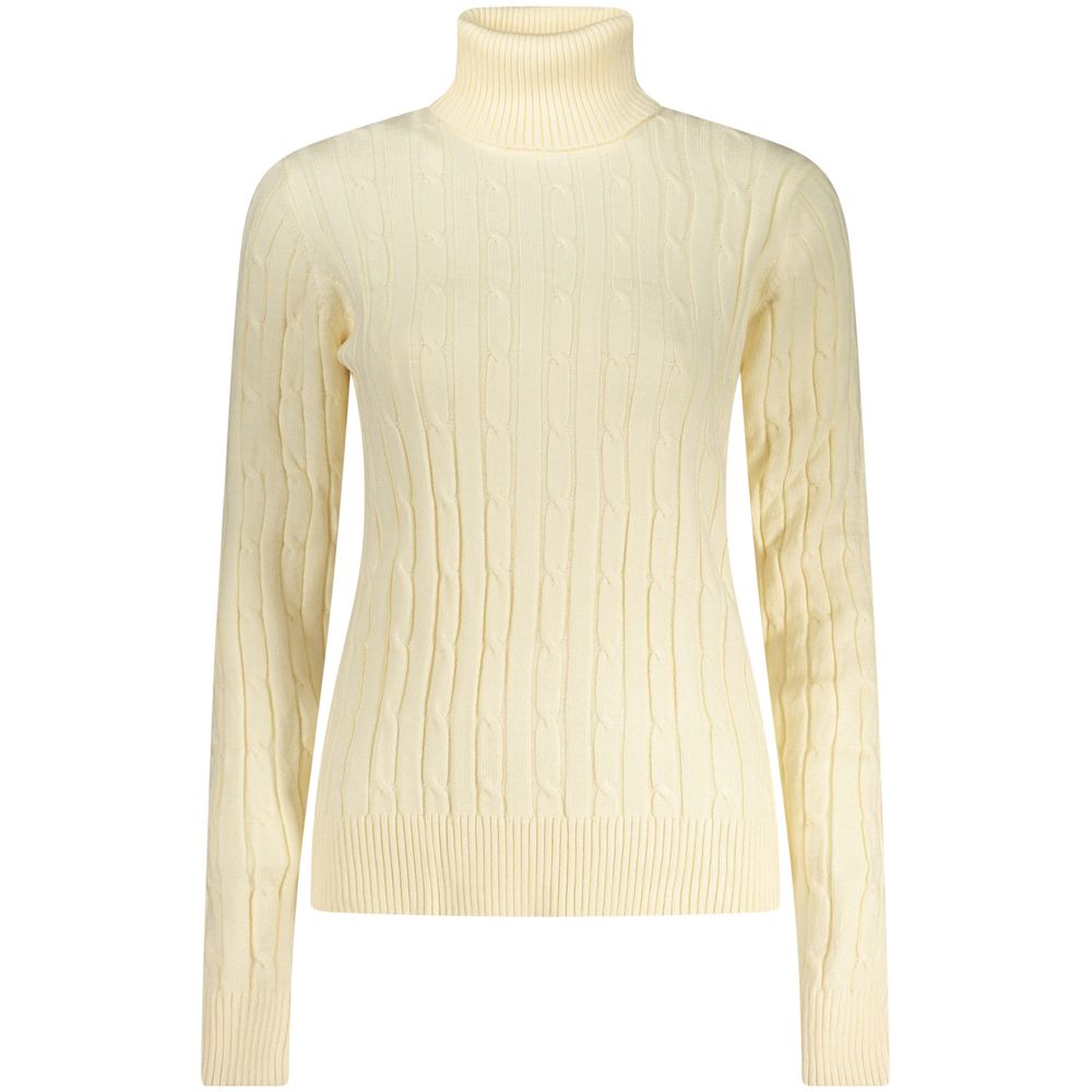 Norway 1963 white viscose women's turtleneck sweater displayed on a model, showcasing the classic fit and soft fabric.