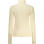 Norway 1963 white viscose women's turtleneck sweater displayed on a hanger, showcasing a classic, fitted design with long sleeves.