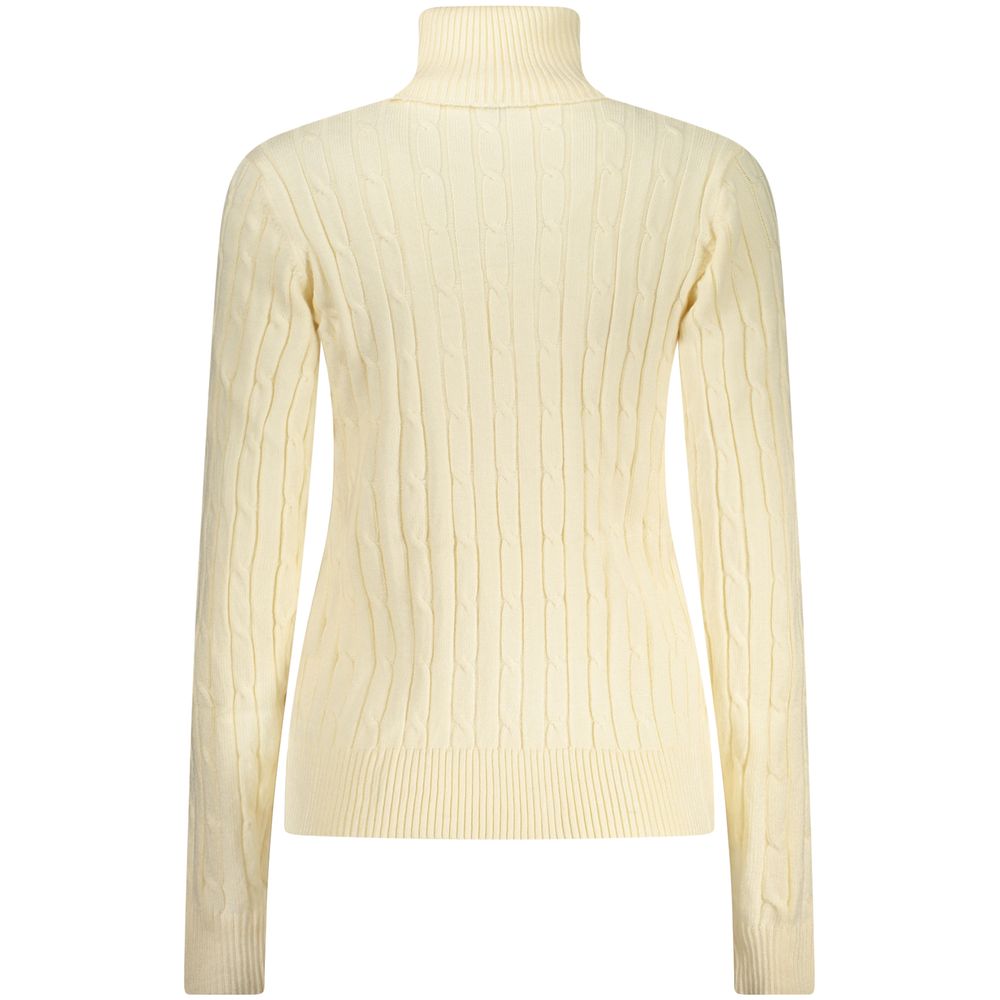 Norway 1963 white viscose women's turtleneck sweater displayed on a hanger, showcasing a classic, fitted design with long sleeves.