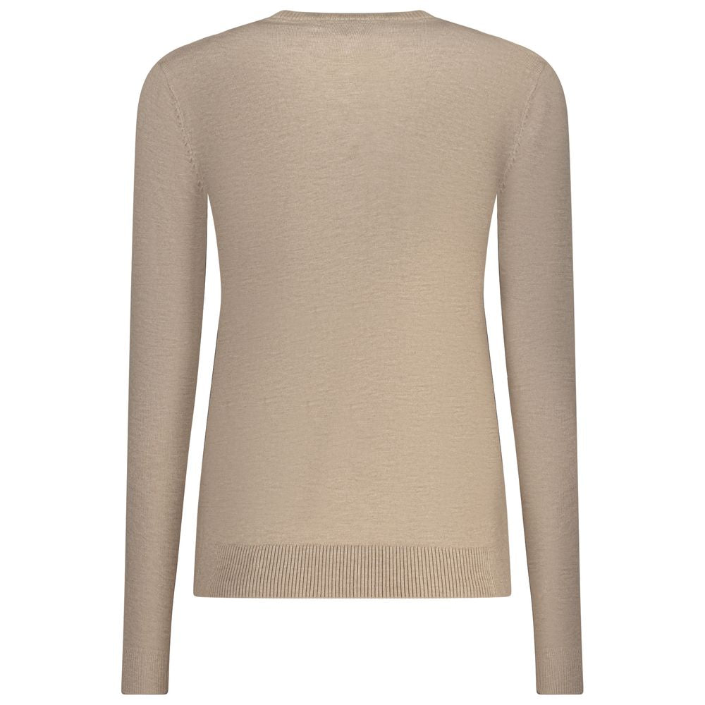 Norway 1963 beige viscose women's sweater with a relaxed fit and ribbed cuffs, displayed on a hanger.