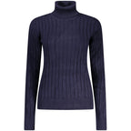 Norway 1963 blu viscosa donna maglia, close-up of soft blue women's viscose sweater with a relaxed fit and crew neckline.