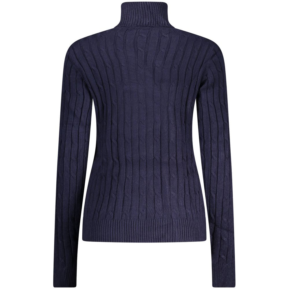Norway 1963 blue viscose women's sweater showing a relaxed fit with long sleeves and a round neckline.