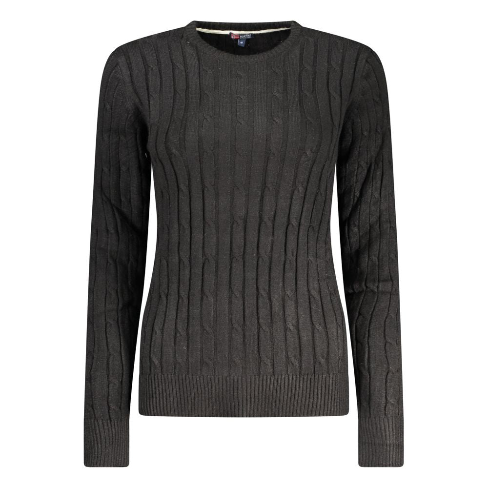 Norway 1963 black viscose women's sweater with a relaxed fit and long sleeves, displayed on a hanger.