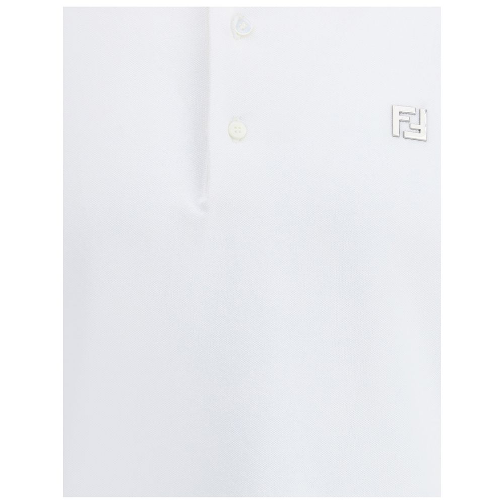 Fendi white cotton polo shirt, classic short-sleeve men's top with collar and buttons, made from soft cotton fabric.