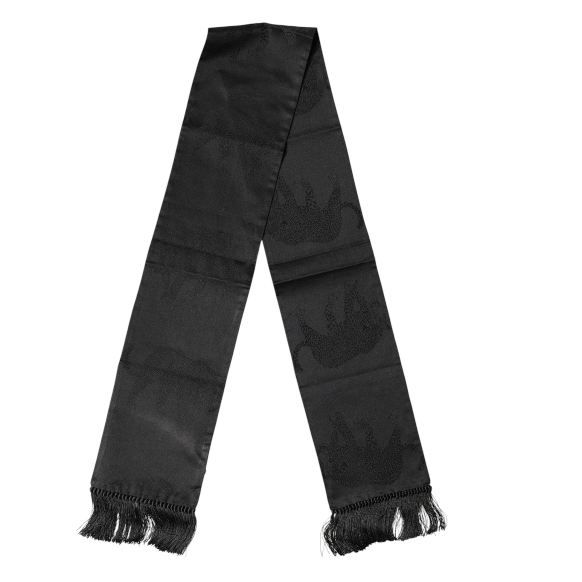 Dolce & Gabbana Black Satin Silk Fringes Neck Foulard Scarf