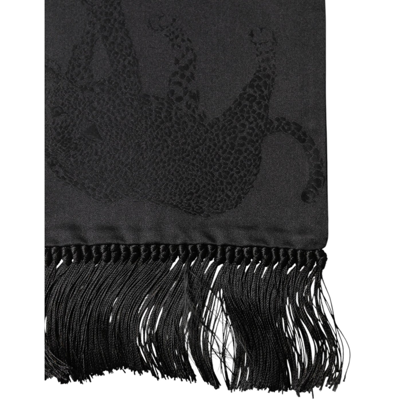 Dolce & Gabbana Black Satin Silk Fringes Neck Foulard Scarf