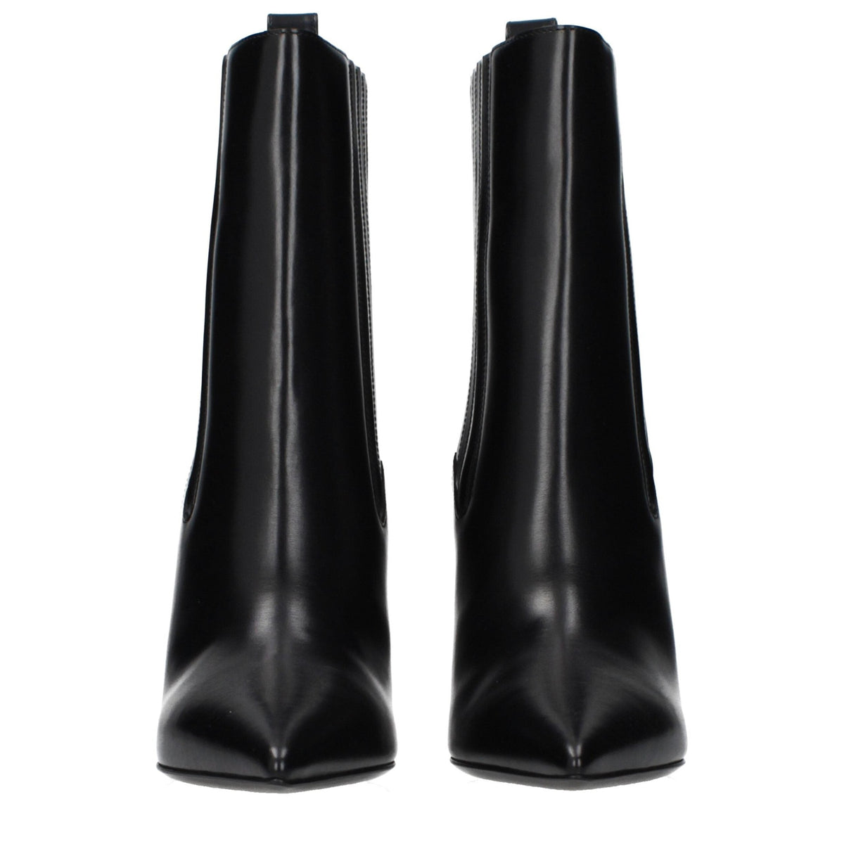 Valentino Garavani black leather ankle boots with sleek design and pointed toes, featuring subtle branding details.