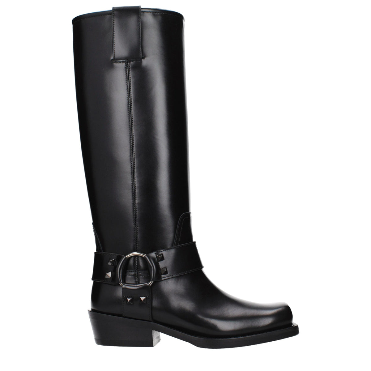 Black leather boots by Valentino Garavani with sleek design, pointed toe, and stylish ankle height.