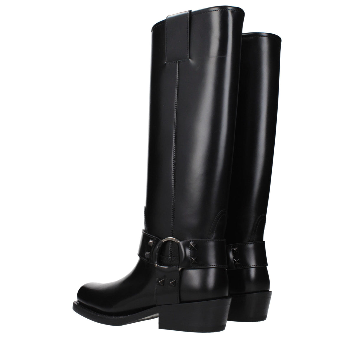Black leather boots from Valentino Garavani with sleek design, pointed toe, and ankle-high style.