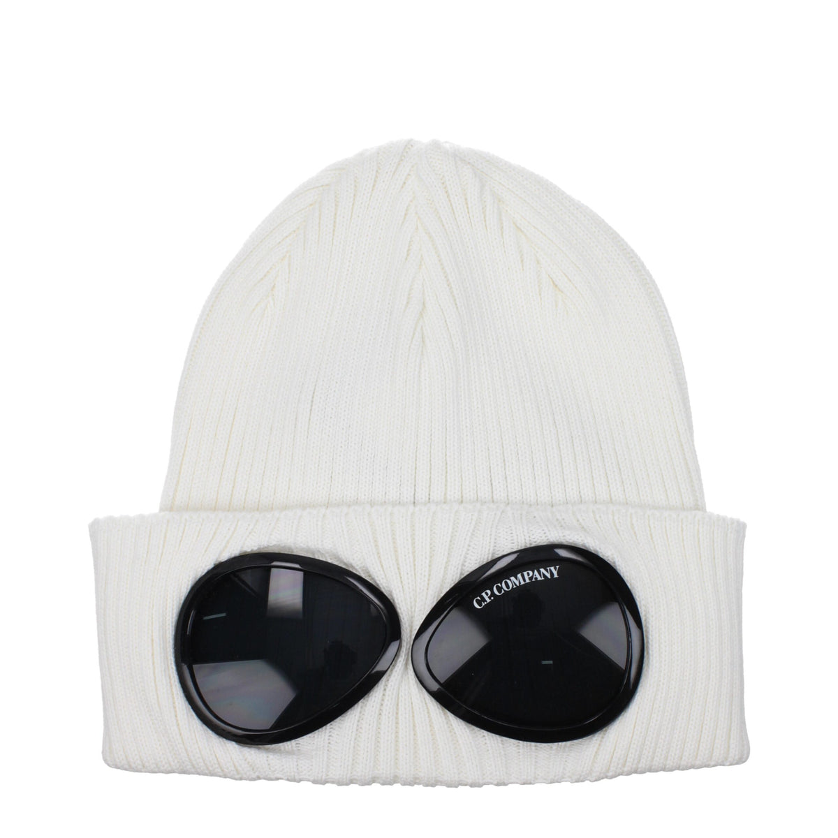 White cotton beanie by C.P. Company, close-up view showing soft fabric and simple, classic knit design.