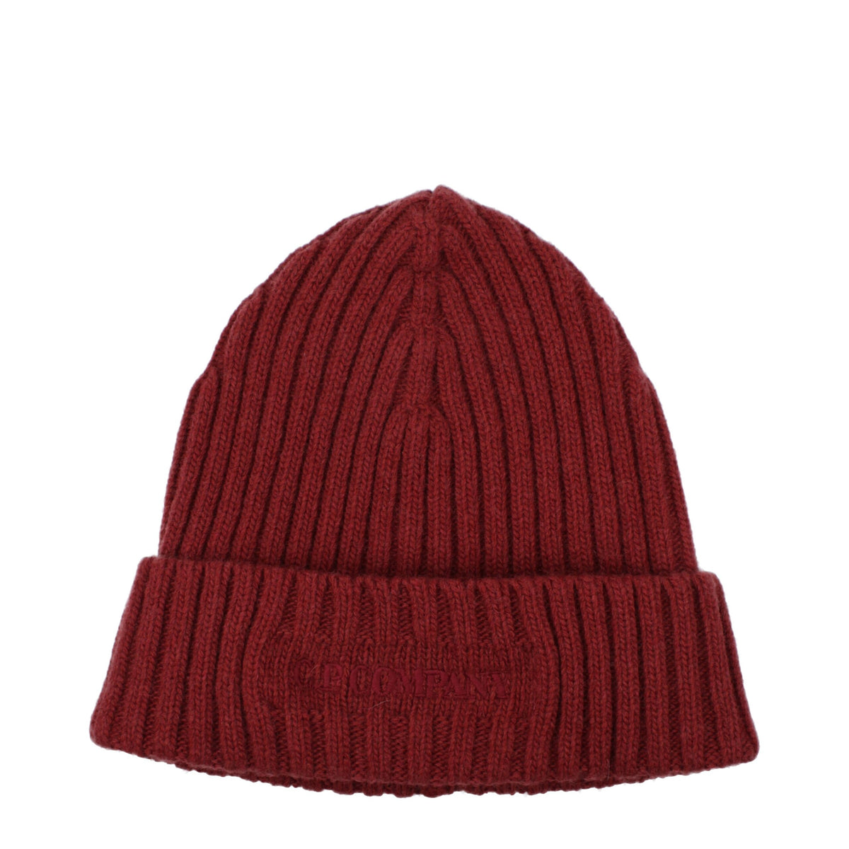 Red wool beanie from C.P. Company featuring a snug fit and classic design, perfect for cold weather.