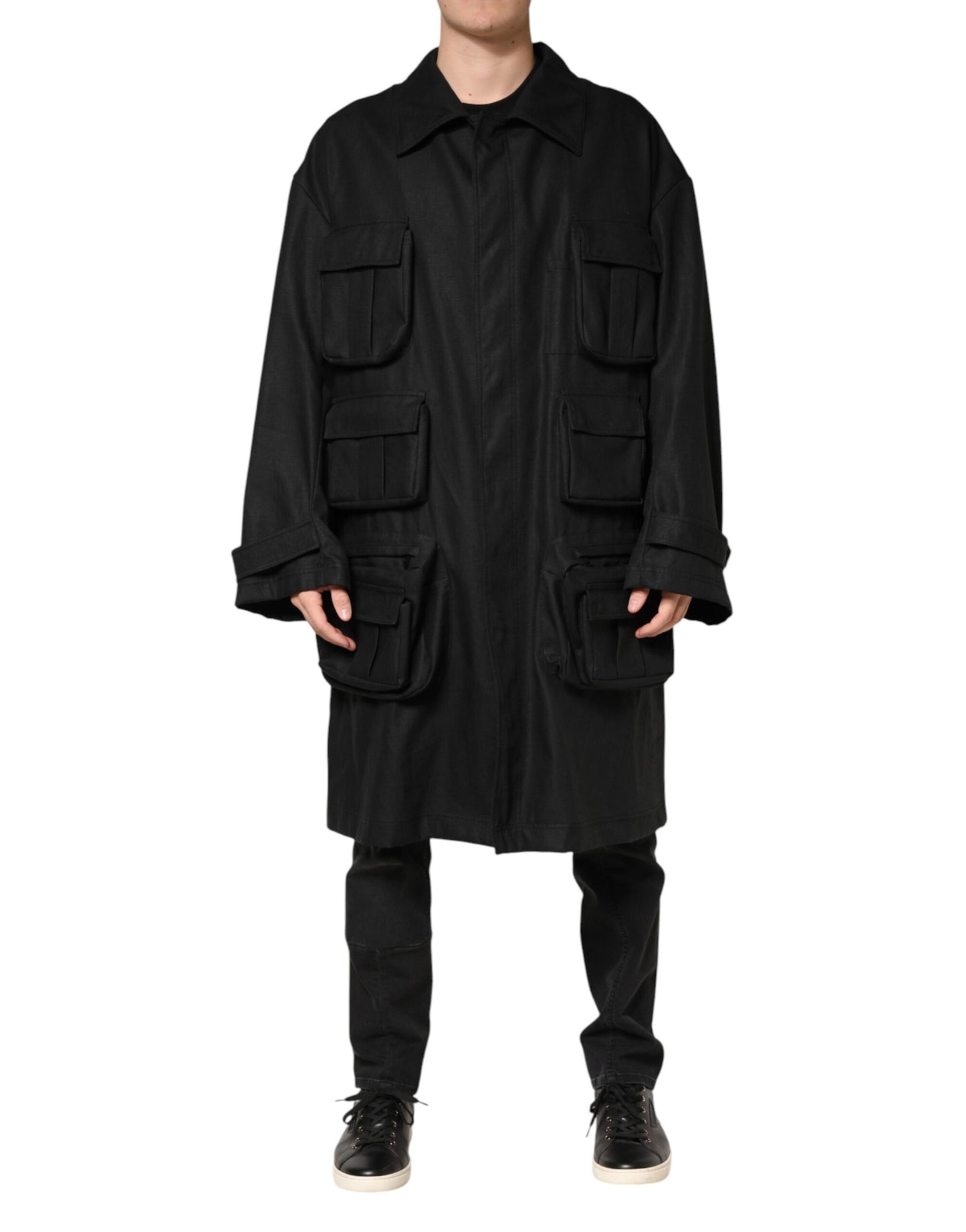 Dolce & Gabbana Black Pockets Collared Trench Coat Jacket Dolce & Gabbana