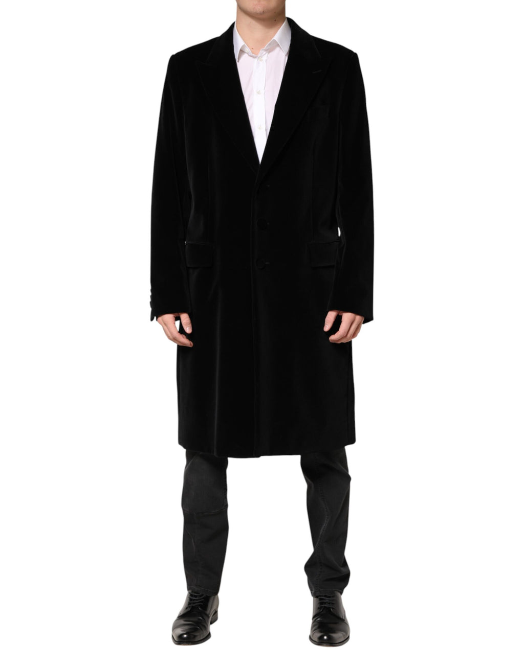 Dolce & Gabbana Black Cotton Velvet Long Trench Coat Jacket - Eljoys Fashion 
