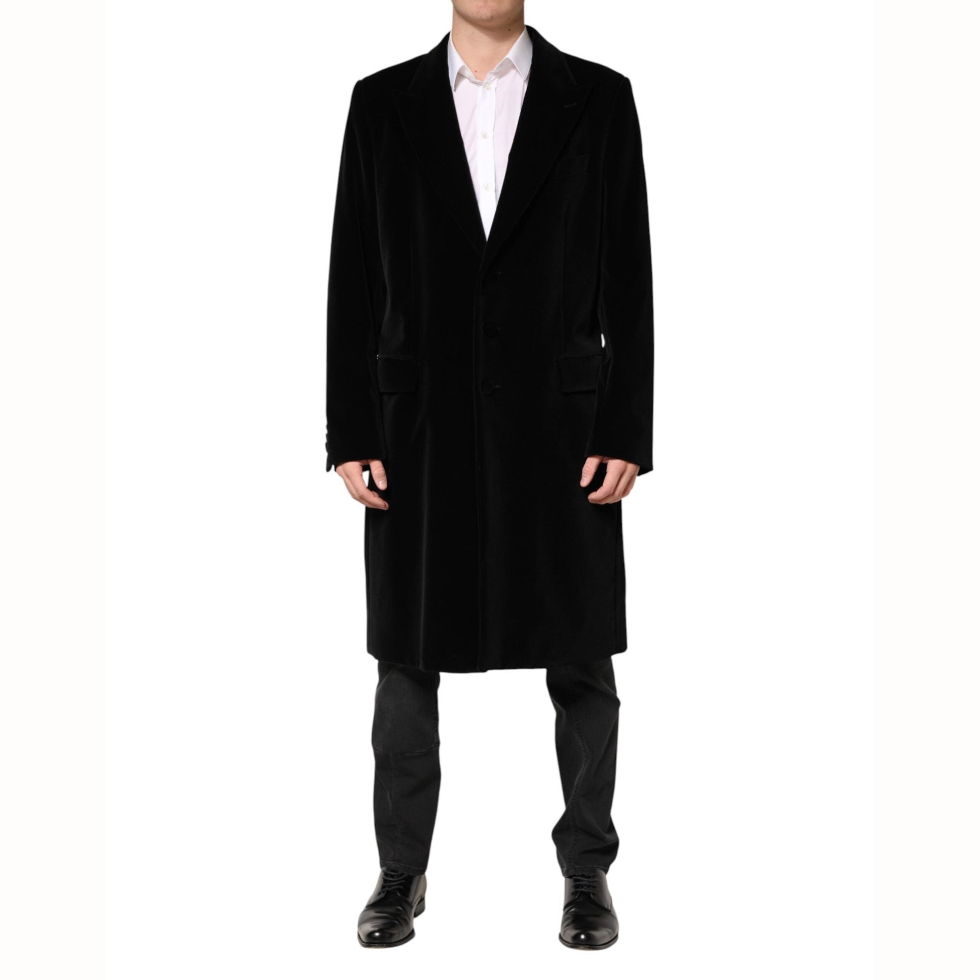 Dolce & Gabbana Black Cotton Velvet Long Trench Coat Jacket Dolce & Gabbana
