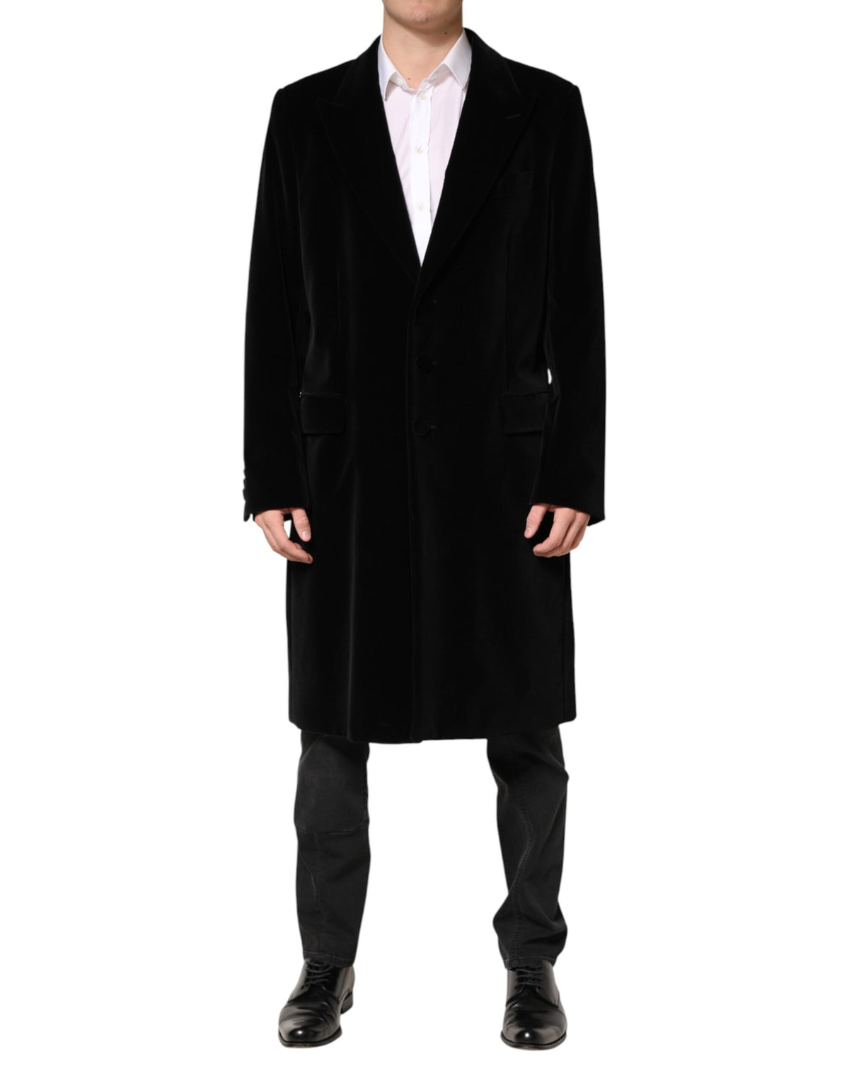 Dolce & Gabbana Black Cotton Velvet Long Trench Coat Jacket - Eljoys Fashion 