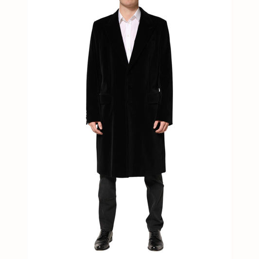 Dolce & Gabbana Black Cotton Velvet Long Trench Coat Jacket Dolce & Gabbana
