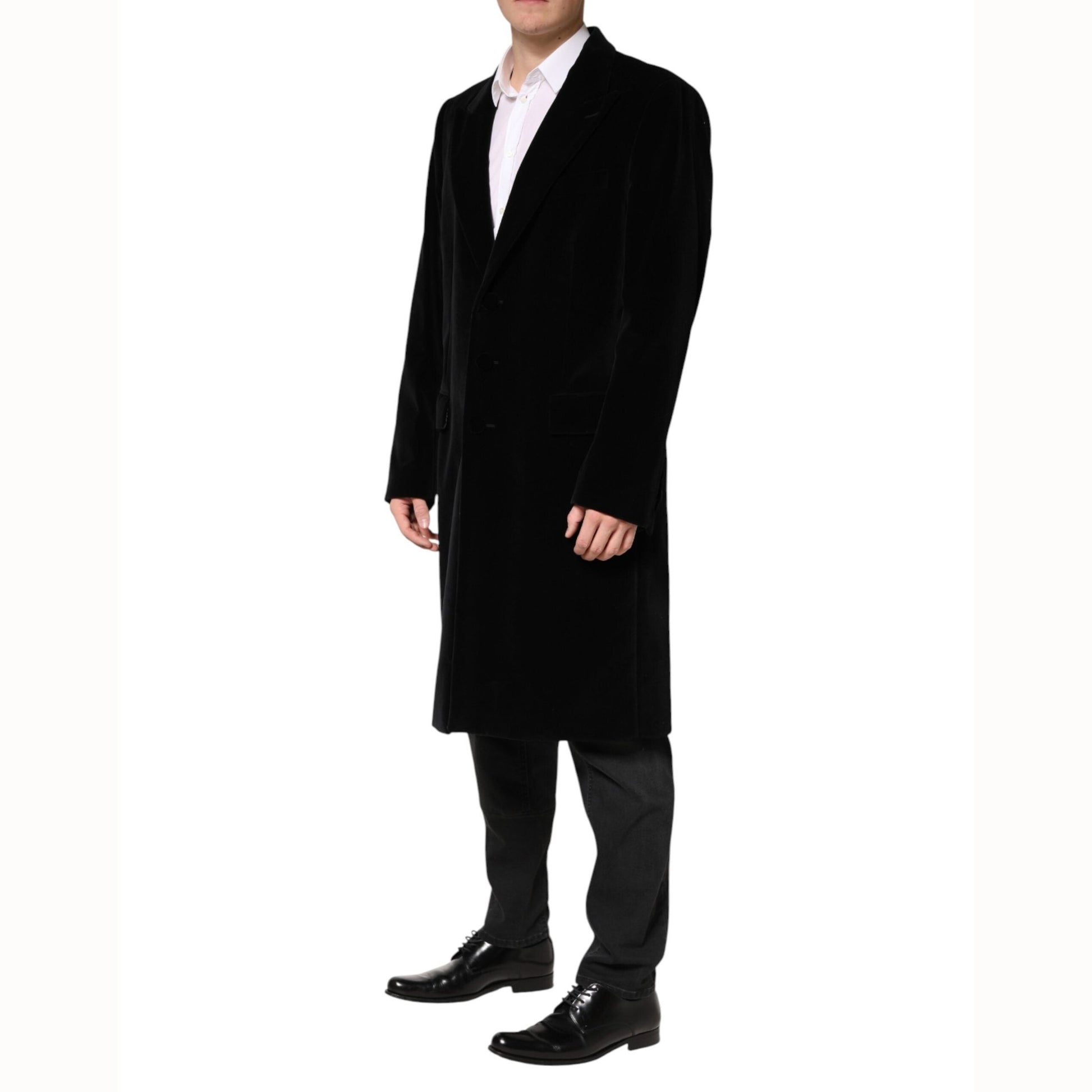 Dolce & Gabbana Black Cotton Velvet Long Trench Coat Jacket Dolce & Gabbana