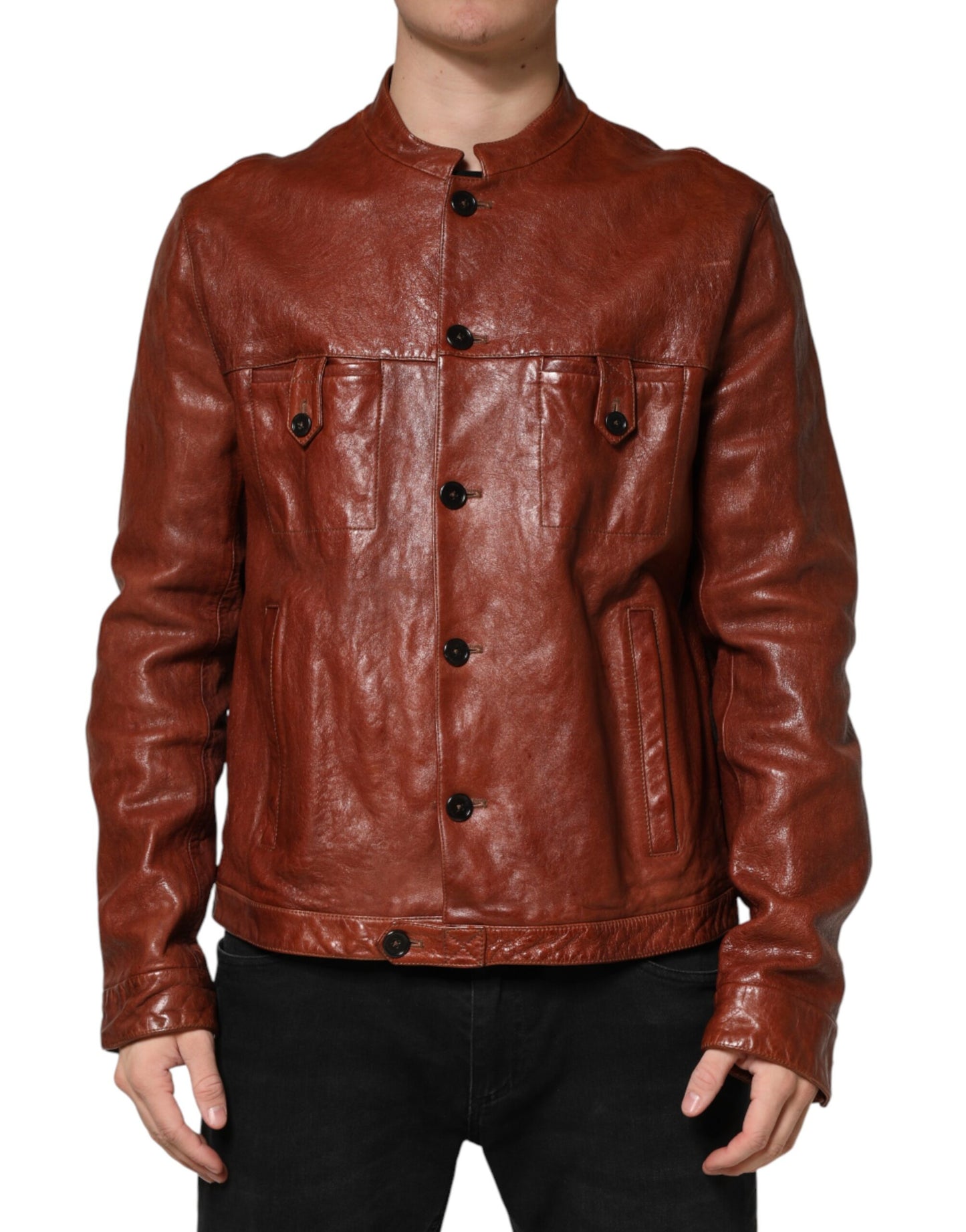 Dolce & Gabbana Brown Leather Button Down Men Biker Jacket Dolce & Gabbana