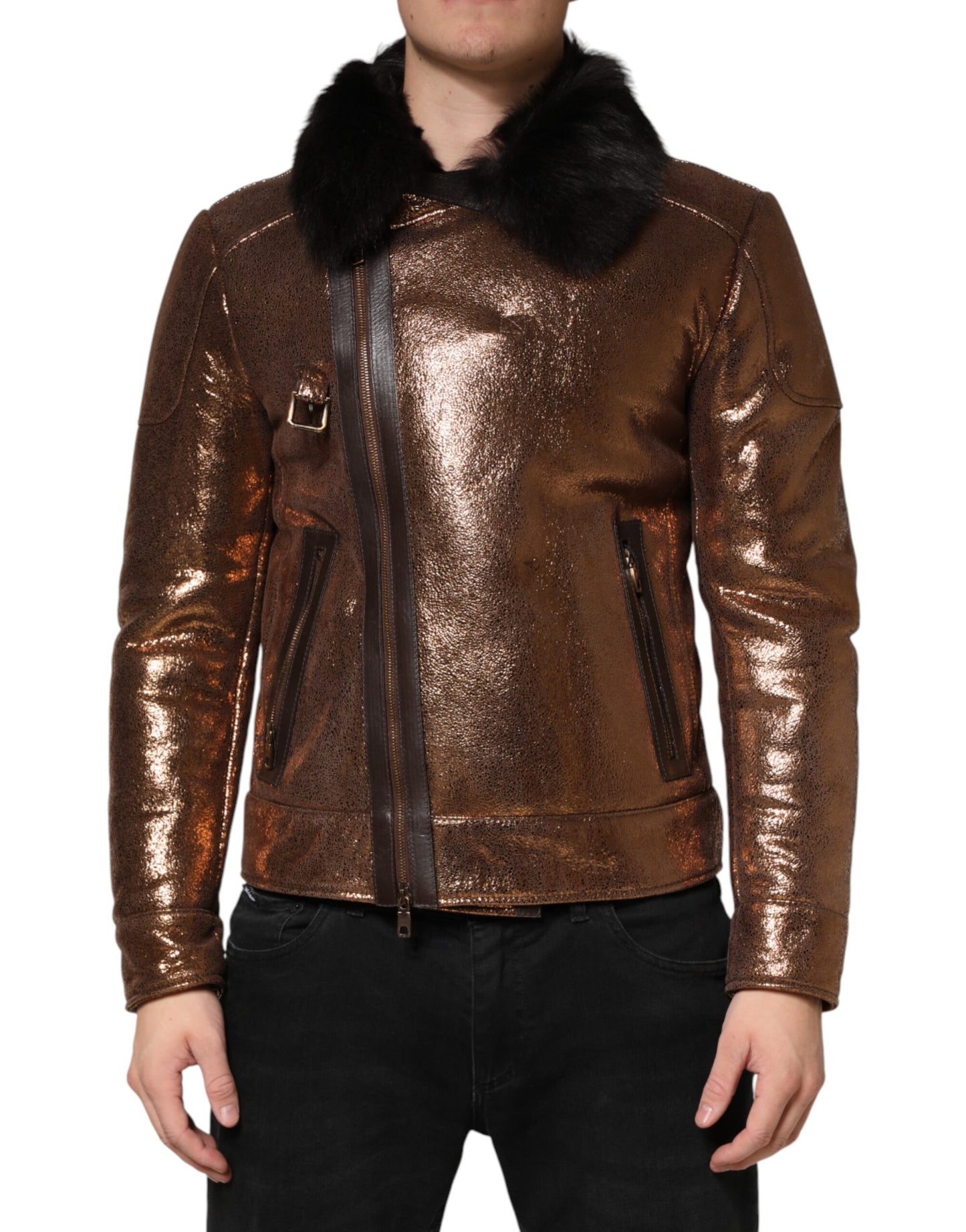 Dolce & Gabbana Bronze Leather Fur Full Zip Men Biker Jacket Dolce & Gabbana