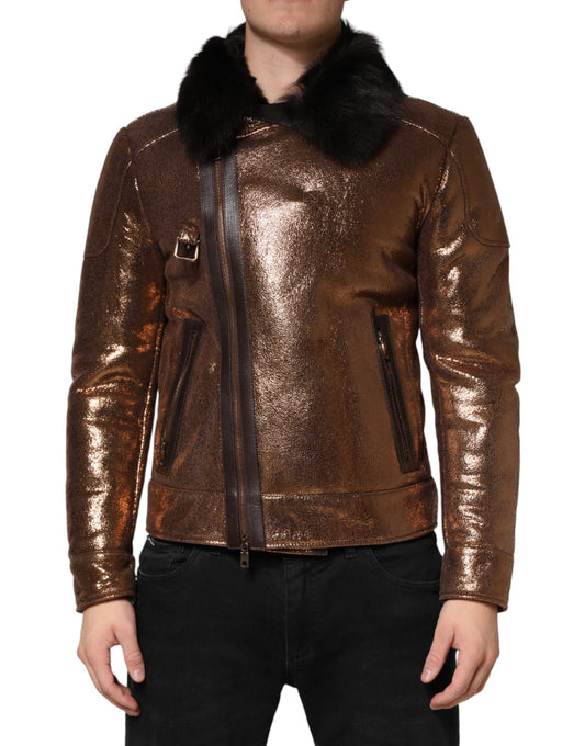 Dolce & Gabbana Bronze Leather Fur Full Zip Men Biker Jacket Dolce & Gabbana