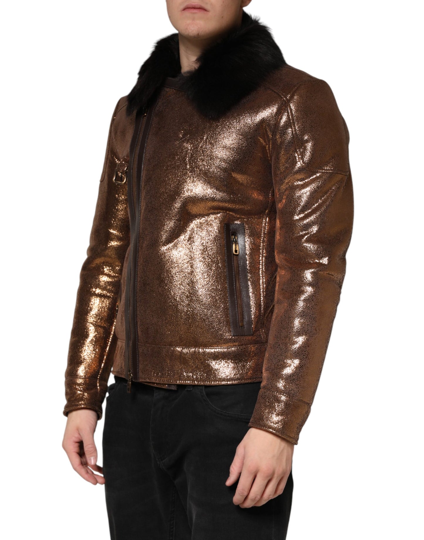 Dolce & Gabbana Bronze Leather Fur Full Zip Men Biker Jacket Dolce & Gabbana