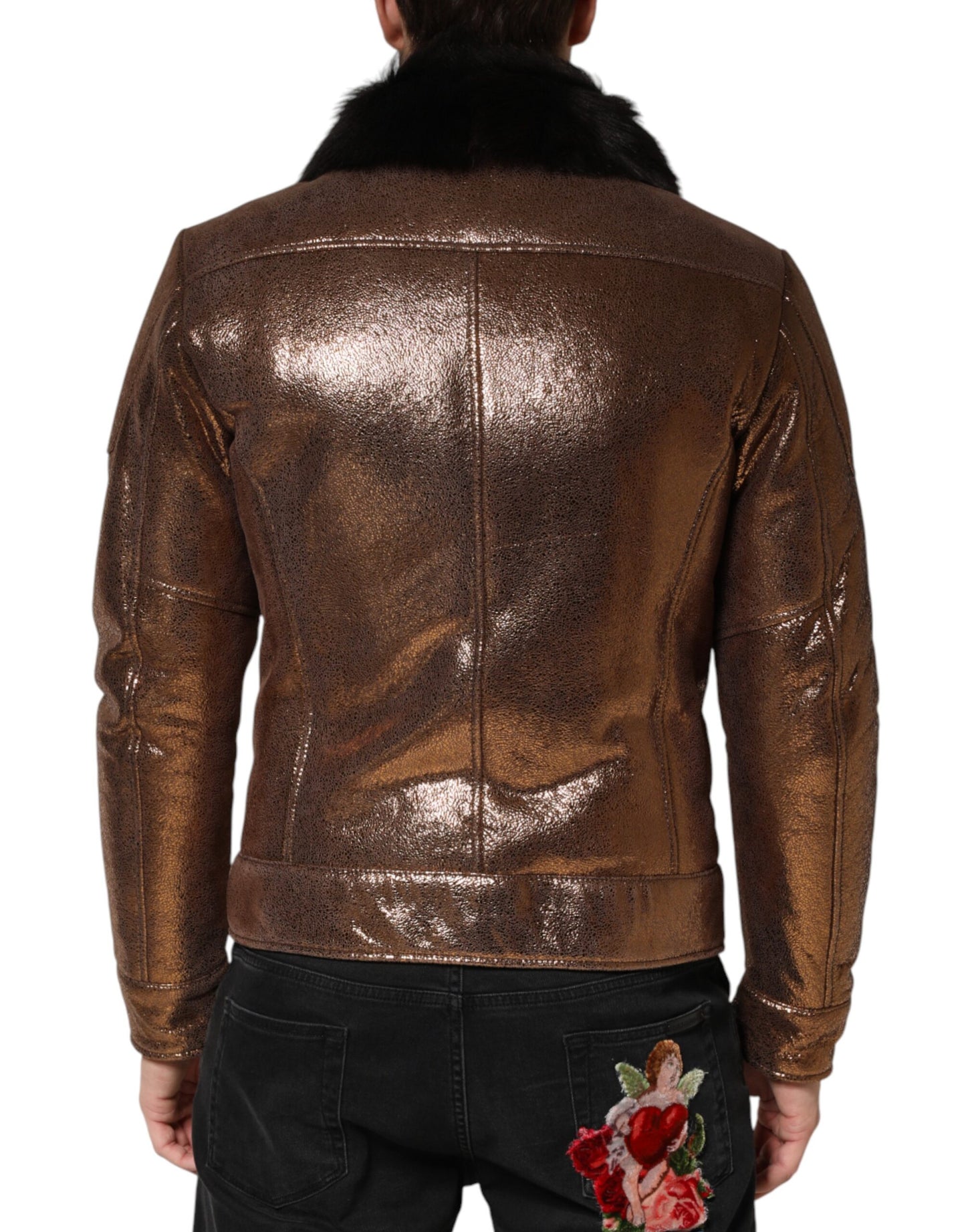 Dolce & Gabbana Bronze Leather Fur Full Zip Men Biker Jacket Dolce & Gabbana
