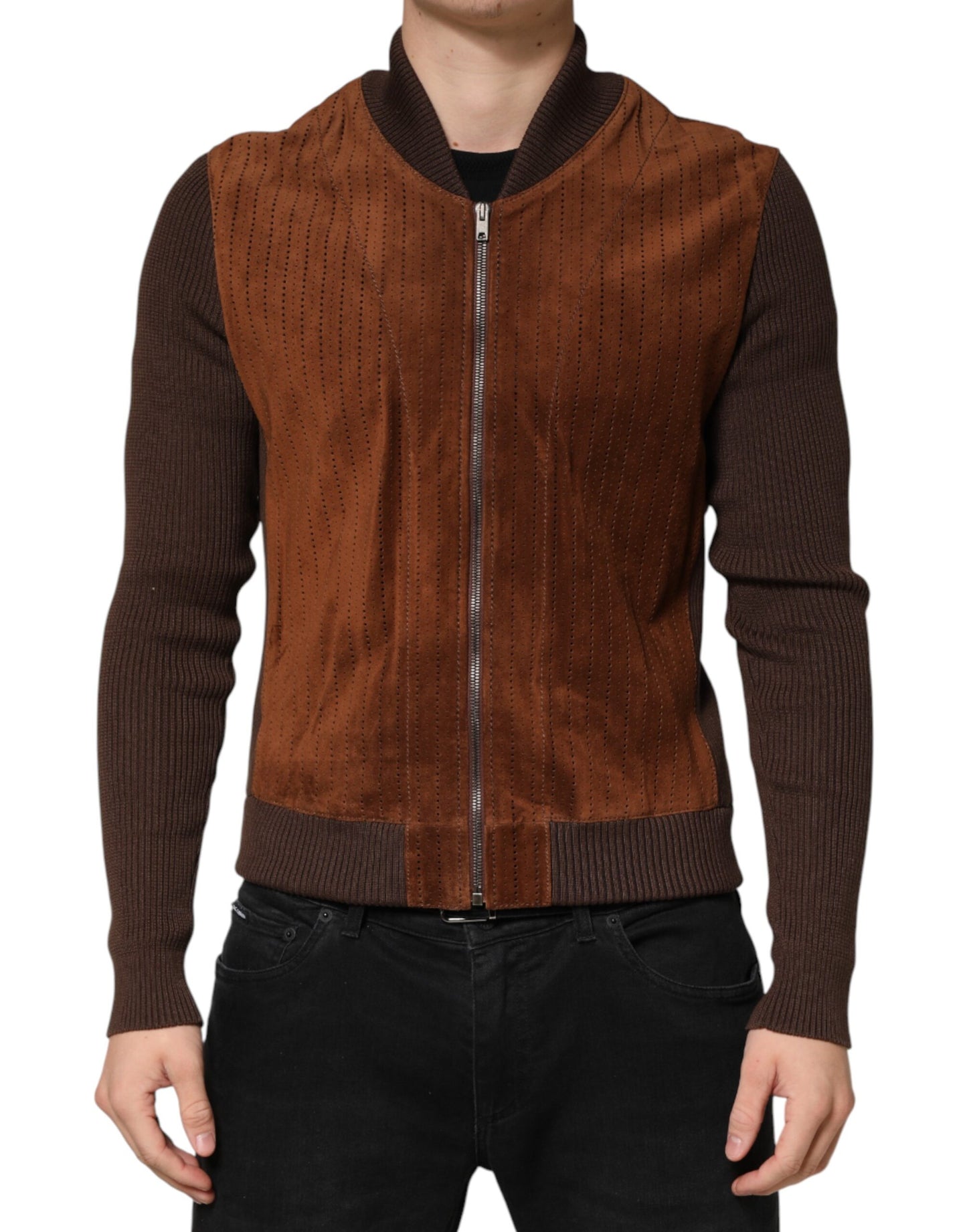 Dolce & Gabbana Brown Velvet Calfskin Full Zip Biker Jacket Dolce & Gabbana