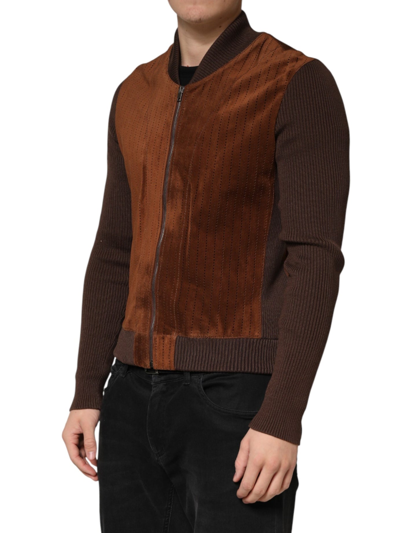 Dolce & Gabbana Brown Velvet Calfskin Full Zip Biker Jacket Dolce & Gabbana