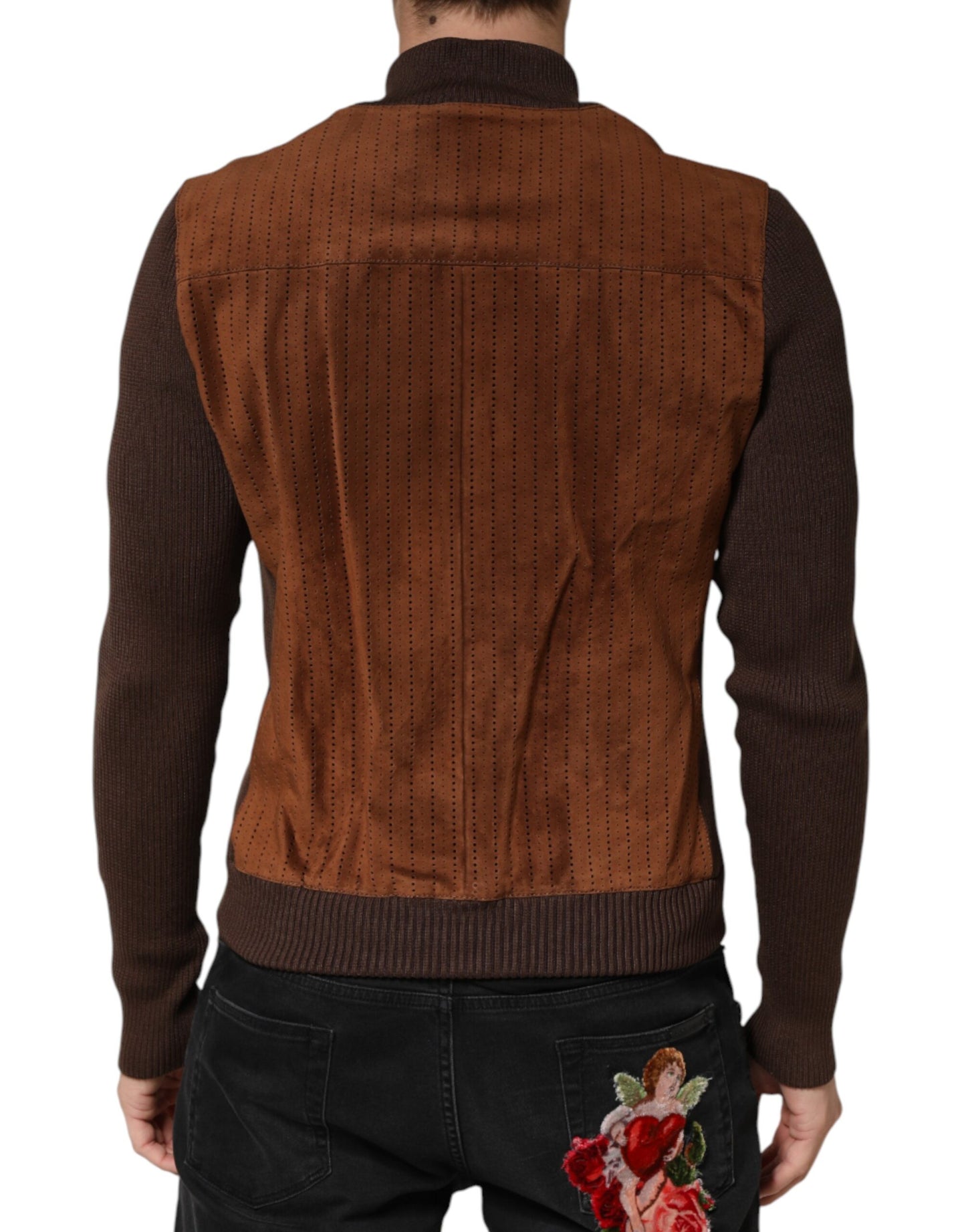 Dolce & Gabbana Brown Velvet Calfskin Full Zip Biker Jacket Dolce & Gabbana
