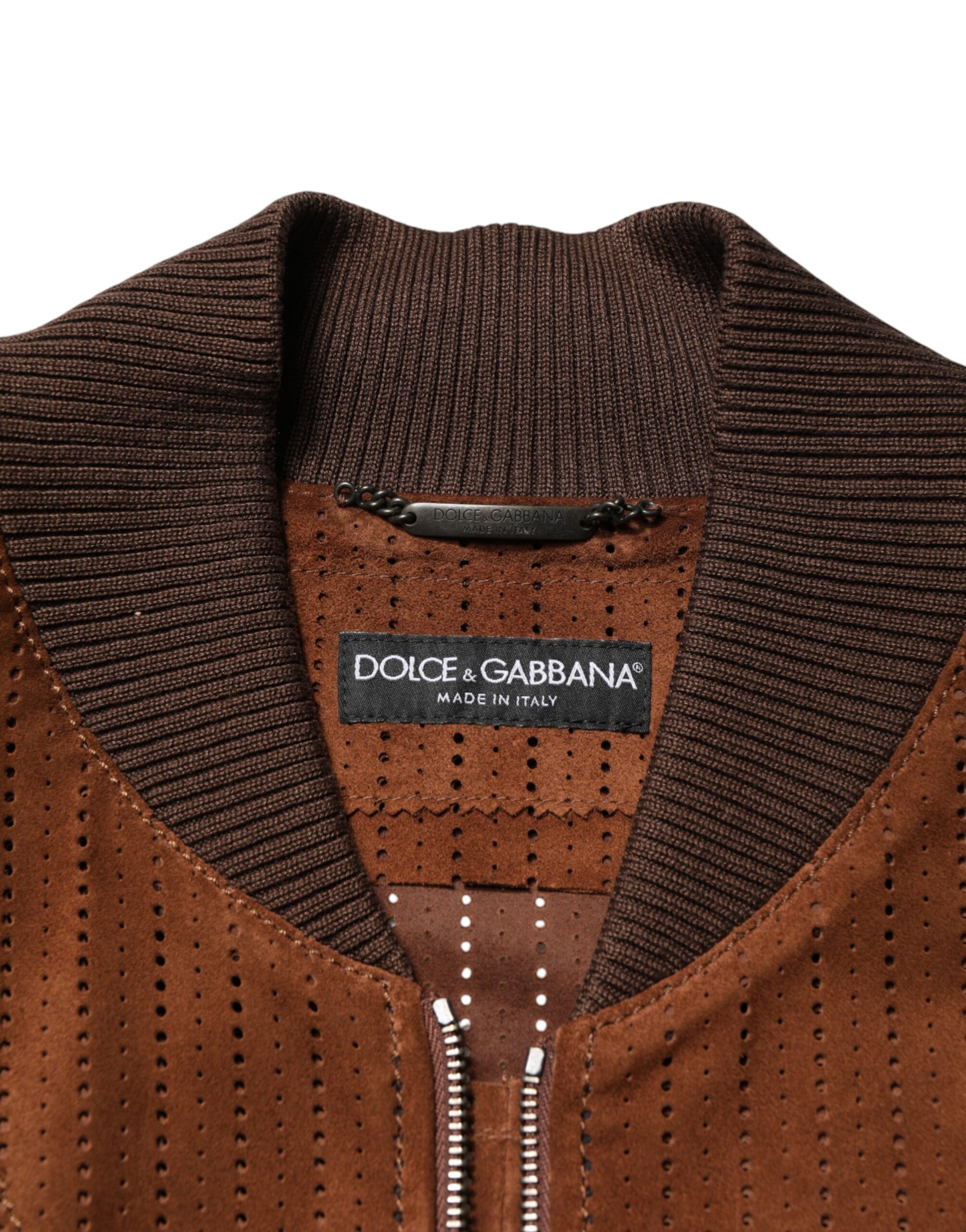 Dolce & Gabbana Brown Velvet Calfskin Full Zip Biker Jacket Dolce & Gabbana