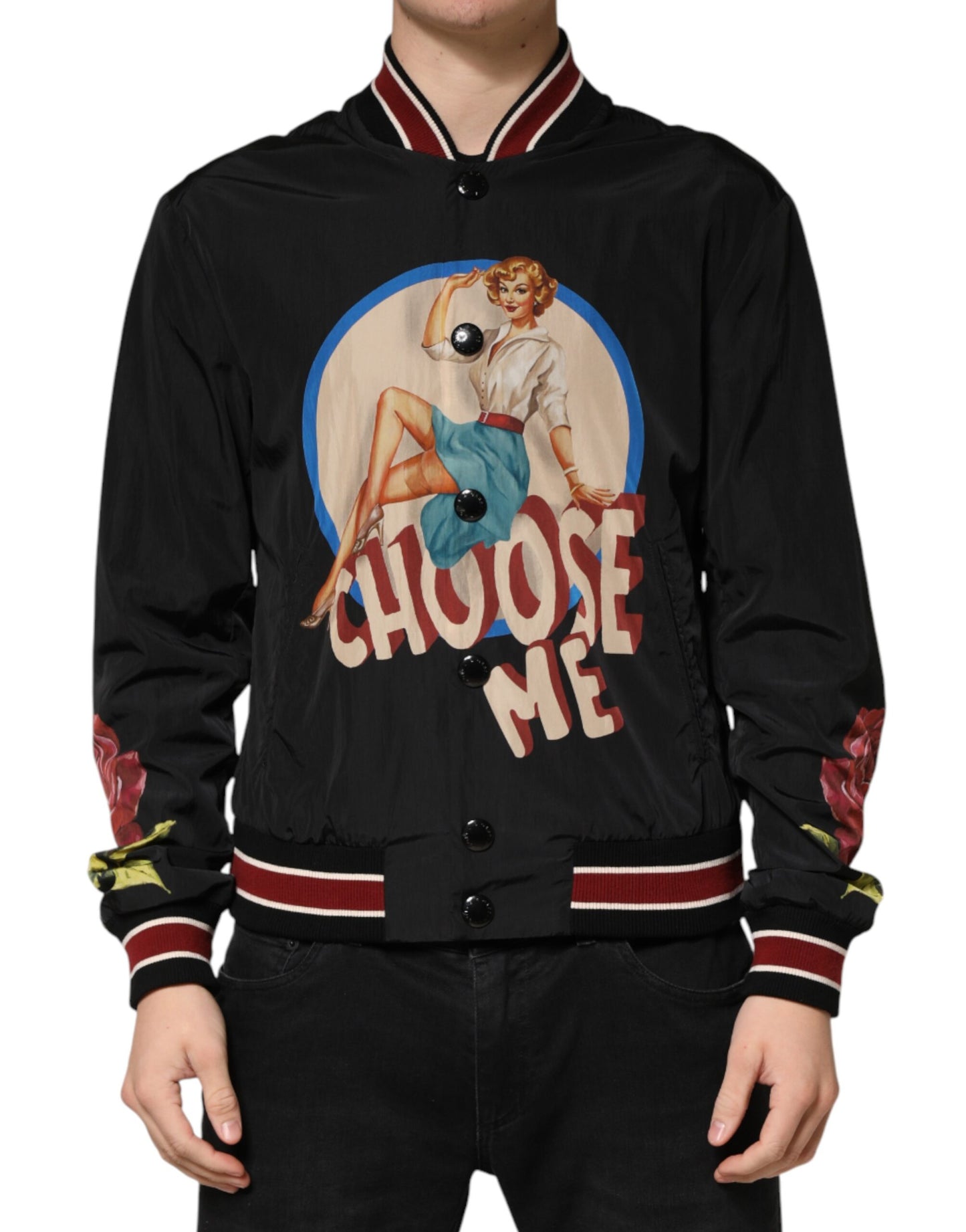Dolce & Gabbana Black Pin Up Button Down Men Bomber Jacket Dolce & Gabbana