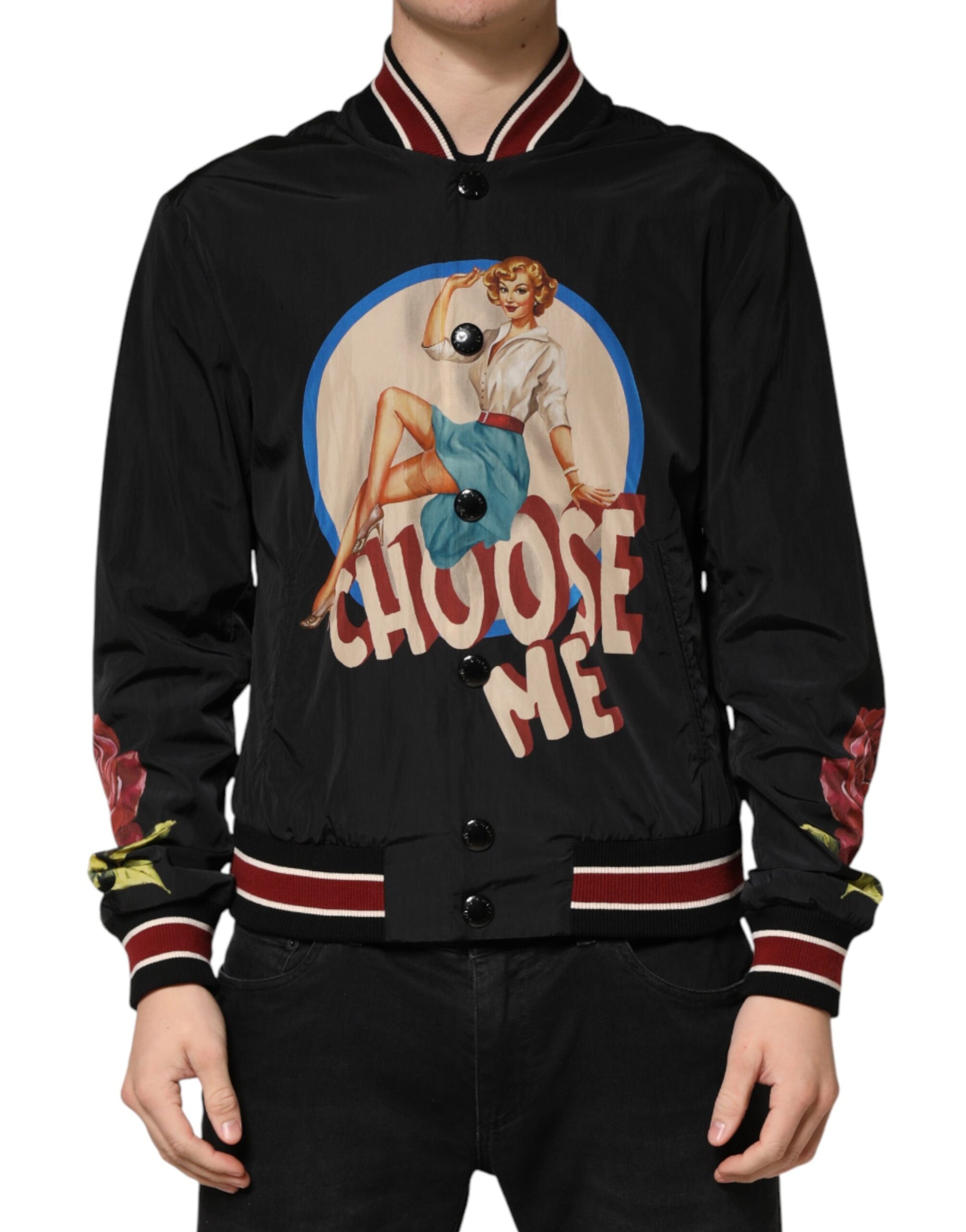 Dolce & Gabbana Black Pin Up Button Down Men Bomber Jacket Dolce & Gabbana