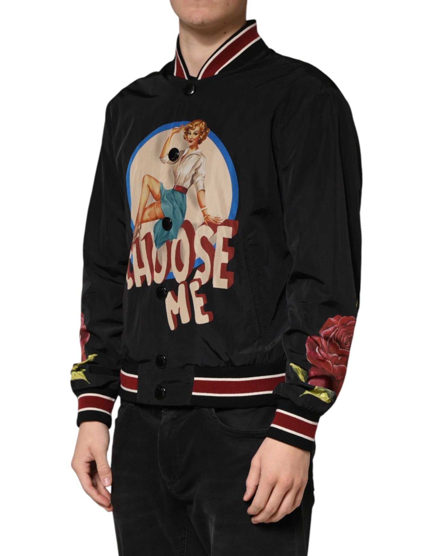 Dolce & Gabbana Black Pin Up Button Down Men Bomber Jacket Dolce & Gabbana