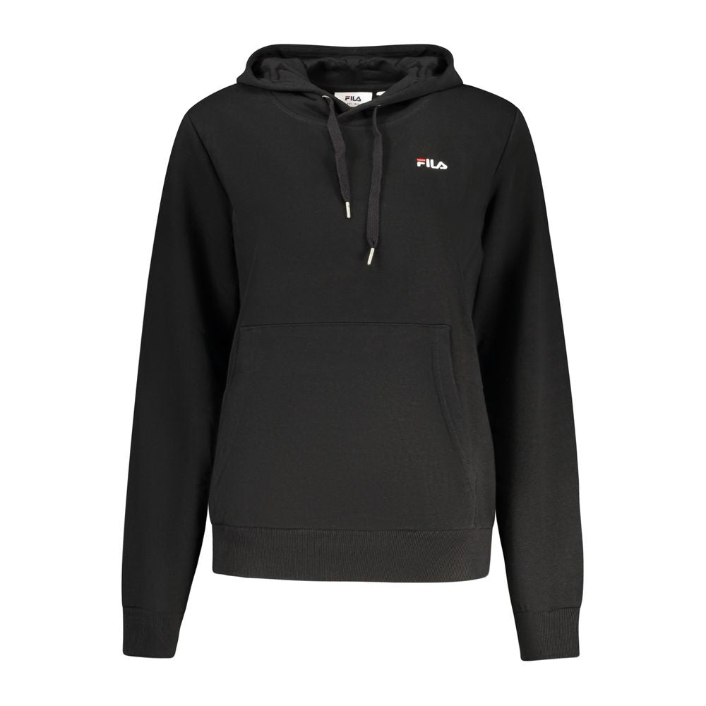 Black cotton women's hoodie by Fila with front pocket and drawstring hood, casual athletic style.