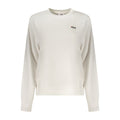White Fila women's cotton sweatshirt with a relaxed fit and crew neckline, displayed on a hanger.