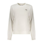 White Fila women's cotton sweatshirt with a relaxed fit and crew neckline, displayed on a hanger.