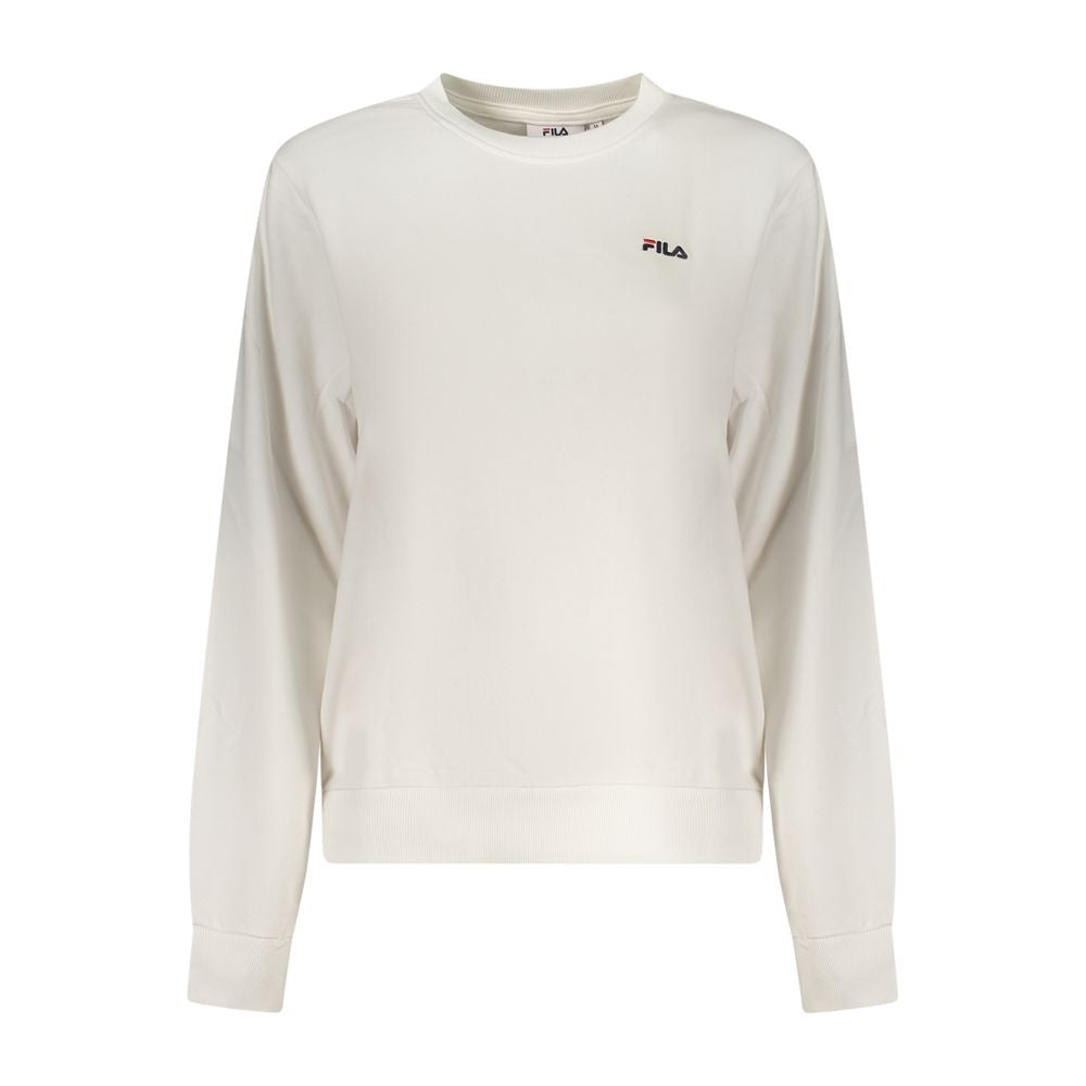 White Fila women's cotton sweatshirt with a relaxed fit and crew neckline, displayed on a hanger.
