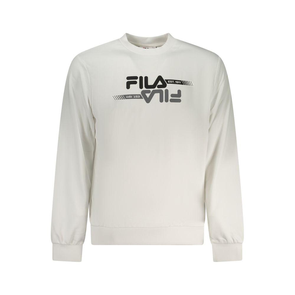 White polyester men's sweatshirt by Fila with a classic crewneck and subtle branding, displayed on a plain background.