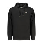 Black cotton men's hoodie by Fila, featuring a relaxed fit and Fila logo on the front, displayed on a hanger.
