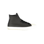 Black Converse leather unisex sneaker with white rubber sole and classic lace-up design.