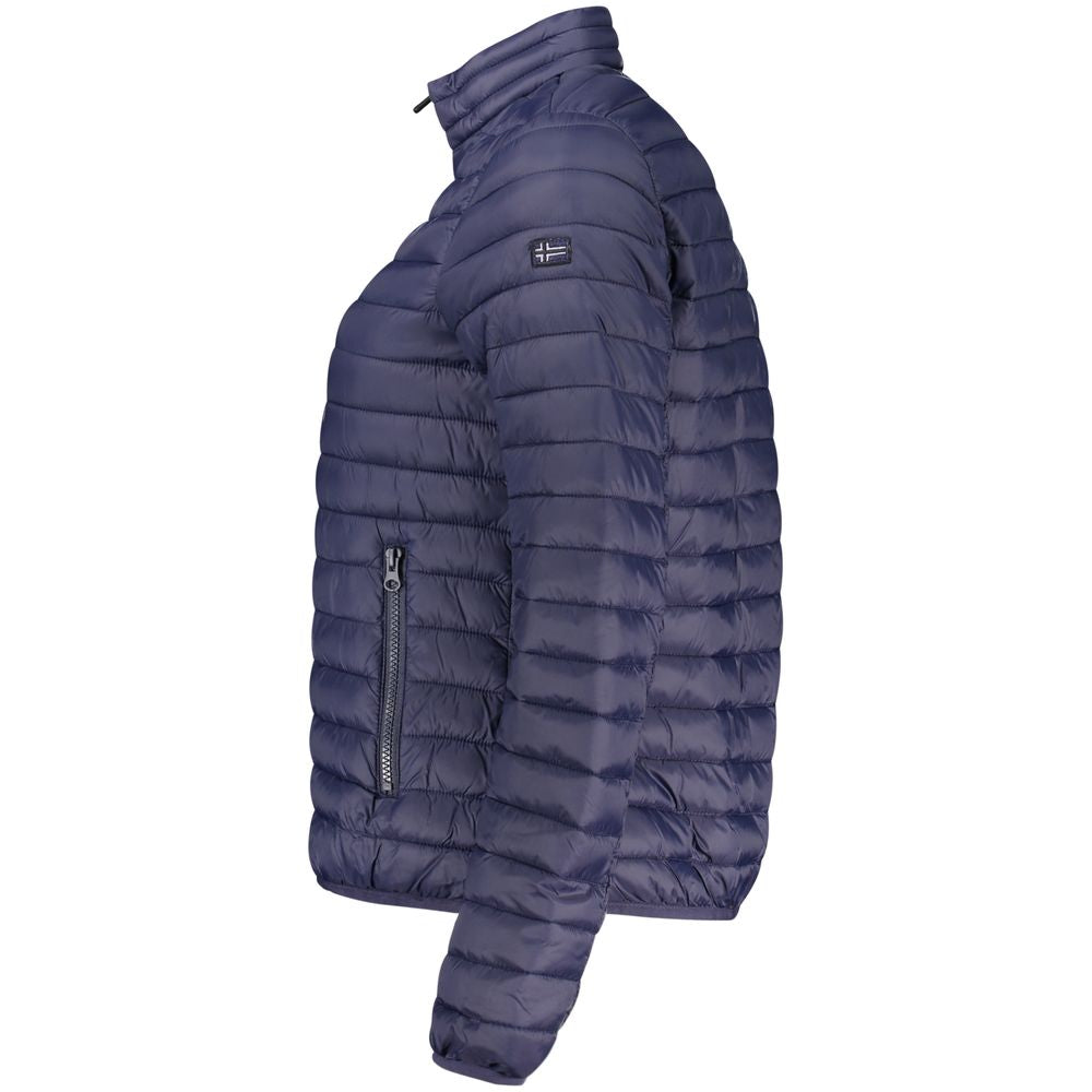 Norway 1963 blu poliammide women's jacket displayed on a hanger, showcasing its sleek design and vibrant blue color.