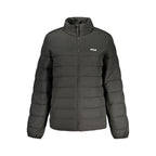 Fila Nero polyester women's jacket displayed on a hanger, featuring a sleek black design and lightweight fabric.
