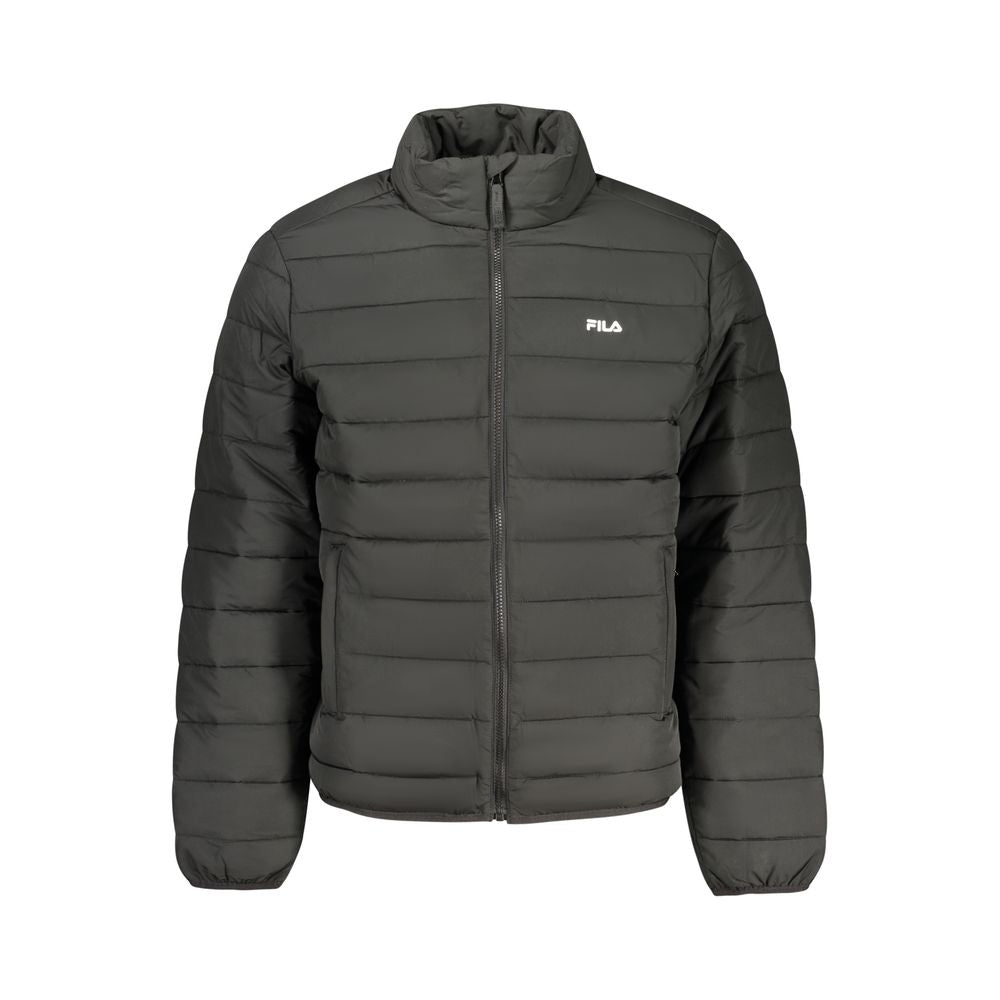 Fila Nero polyester men's jacket displayed on a hanger, showcasing the sleek black design and lightweight fabric.