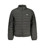 Fila Nero polyester men's jacket displayed on a hanger, showcasing the sleek black design and lightweight fabric.